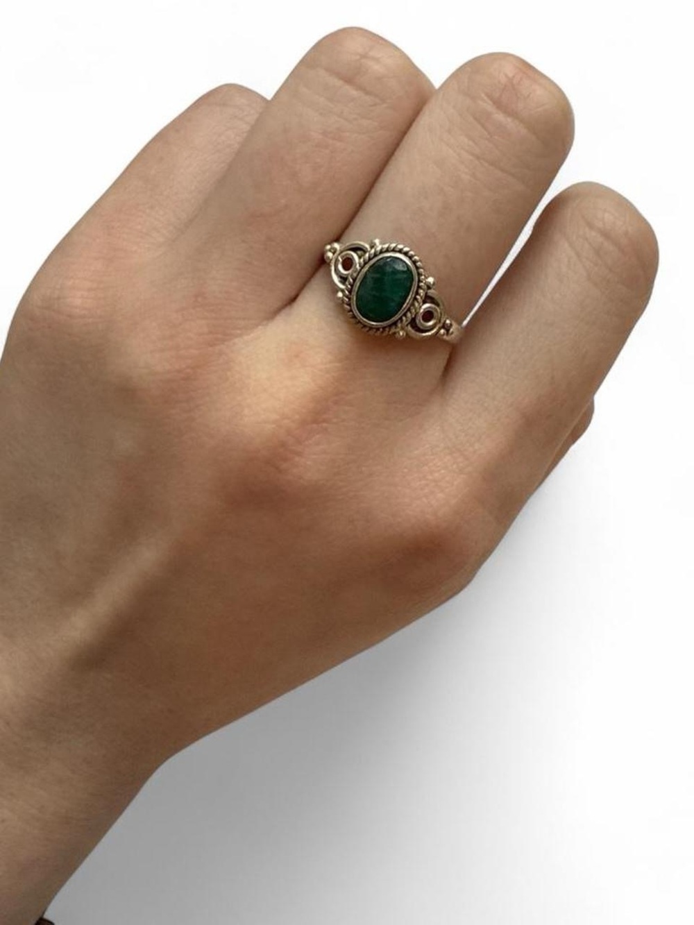 Sterling Silver 925 Stamped Malachite Stone Oval Ring - Classic Boho Style